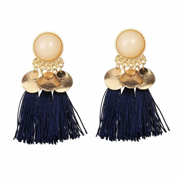 Dangle & Chandelier Statement Bohemian Tassel‎ Drop Earrings Navy Blue - Picture 1 of 1